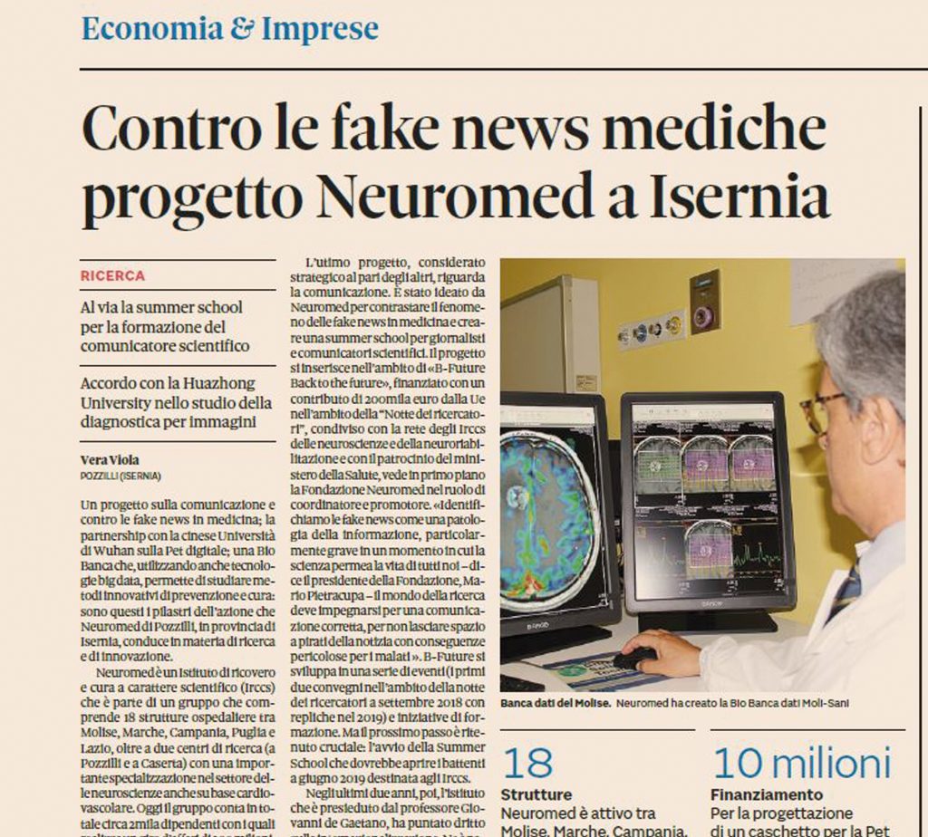 Fake news e ricerca, il Neuromed di Pozzilli in vetrina sul Sole 24 Ore