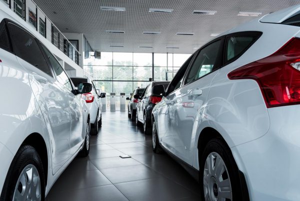 Stock of cars in showroom of automobile dealer