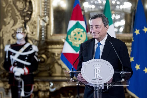 Former President of the European Central Bank Mario Draghi delivers a speech after a meeting with Italian President Sergio Mattarella at the Quirinale Palace for consultations to form new government following the resignation of Prime Minister Giuseppe Conte, in Rome, Italy, 03 February 2021. ROBERTO MONALDO/LAPRESSE/POOL/ANSA