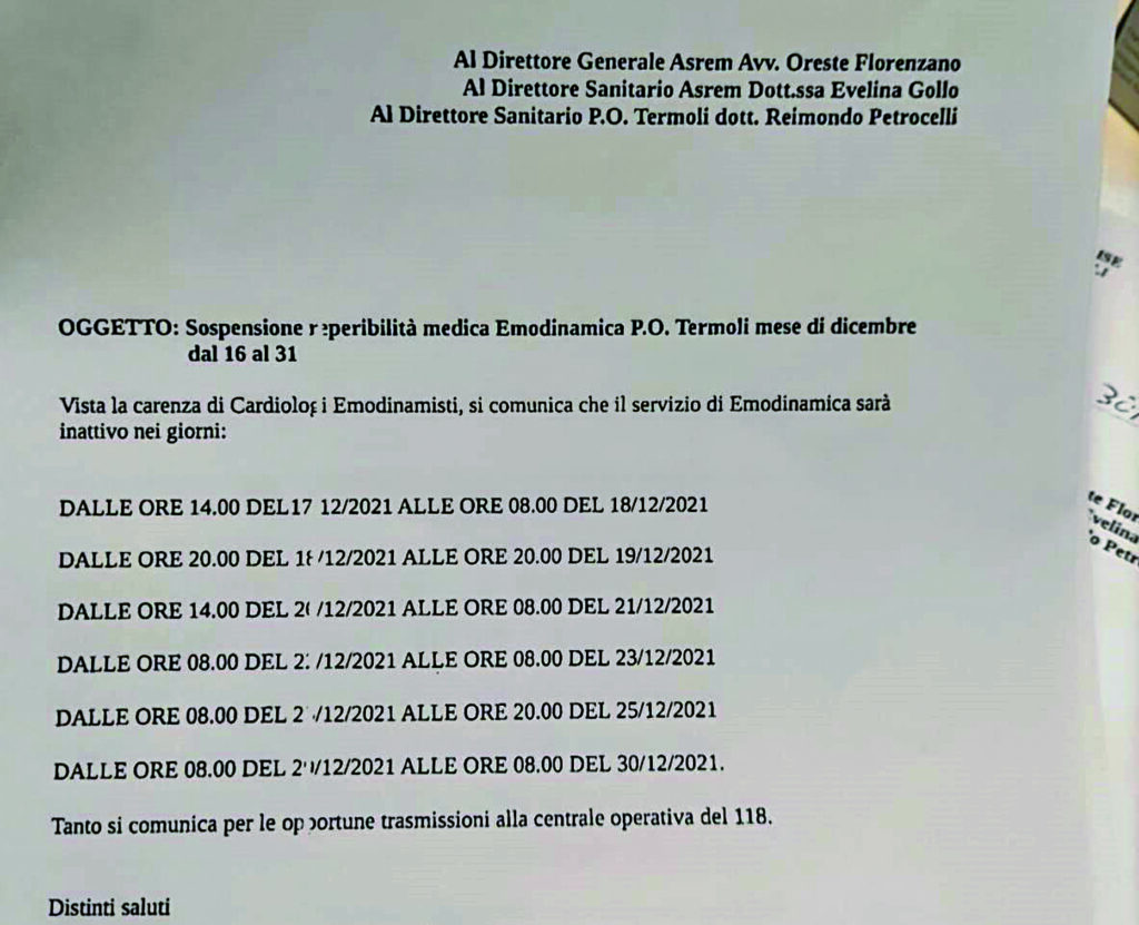 Termoli, l’Emodinamica ancora chiusa per sei turni