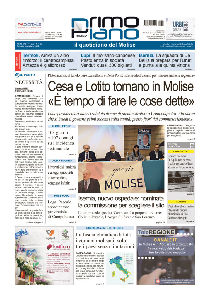 L’edizione completa di Primo Piano Molise del 8 ottobre