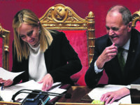 Italian Prime Minister, Giorgia Meloni (L), and IItalian Minister for Regional Affairs, Roberto Calderoli (R), during a confidence vote for the new government at the Italys Senate. Rome, 26 October 2022. ANSA/CLAUDIO PERI