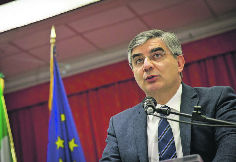 President of Region Abruzzo, Luciano D'Alfonso speaks the National Congress of AICCRE in Montesilvano, Italy, on March 17, 2016. (Photo by Manuel Romano/NurPhoto via Getty Images)