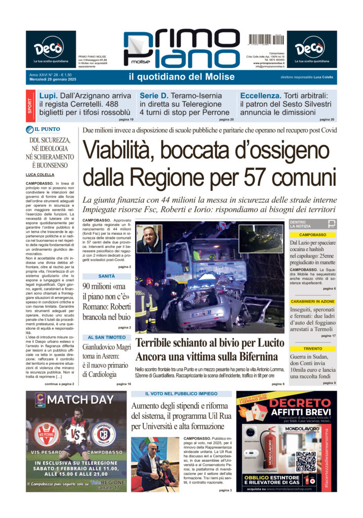 L’edizione completa di Primo Piano Molise del 29 gennaio