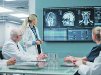 Hospital Conference Meeting Room: Female Neurologist Shows MRI Scan Brain Images on TV Screen, Team of Neuroscientists, Doctors Discuss Patient Treatment, Drug Research, Medicine Development
