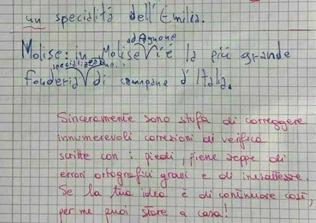 «Stufa di errori ortografici e imprecisioni», la maestra sbotta: e il Molise ci azzecca