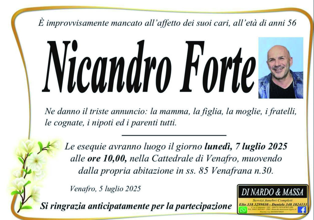 Venafro. Stroncato da un malore mentre è in bici, in Cattedrale l’addio a Nicandro Forte