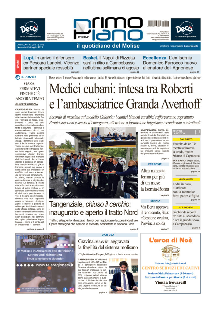 La prima pagina dell’edizione in edicola oggi