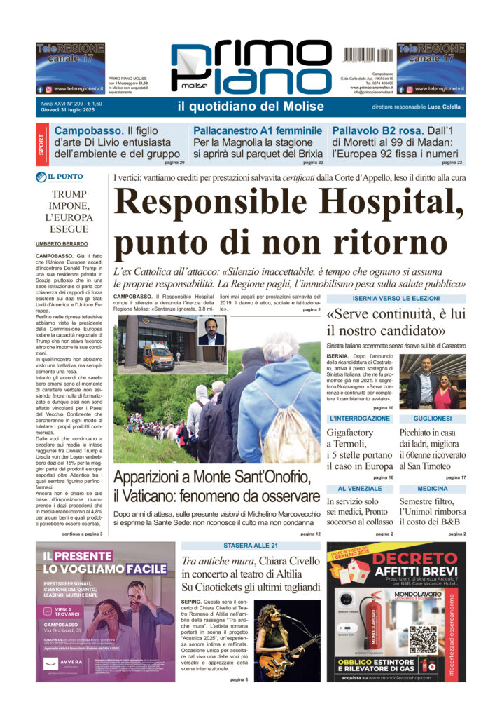 La prima pagina dell’edizione in edicola oggi