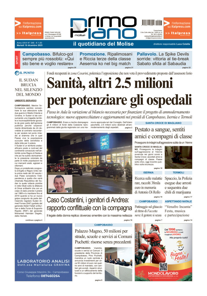 L’edizione completa di Primo Piano Molise del 16 dicembre