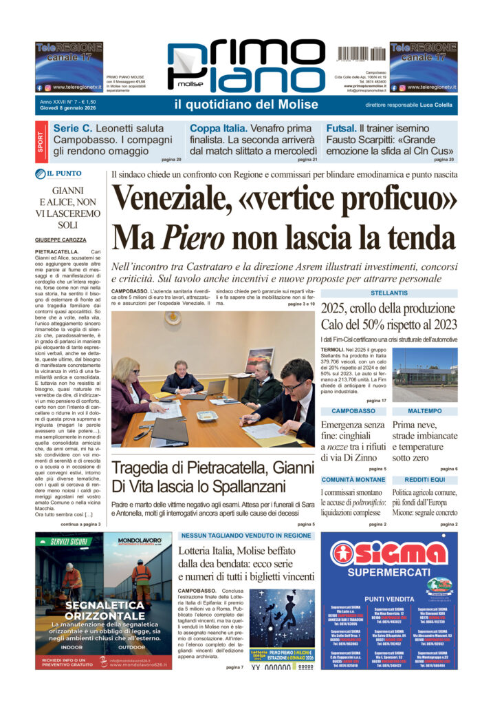 L’edizione completa di Primo Piano Molise dell’8 gennaio