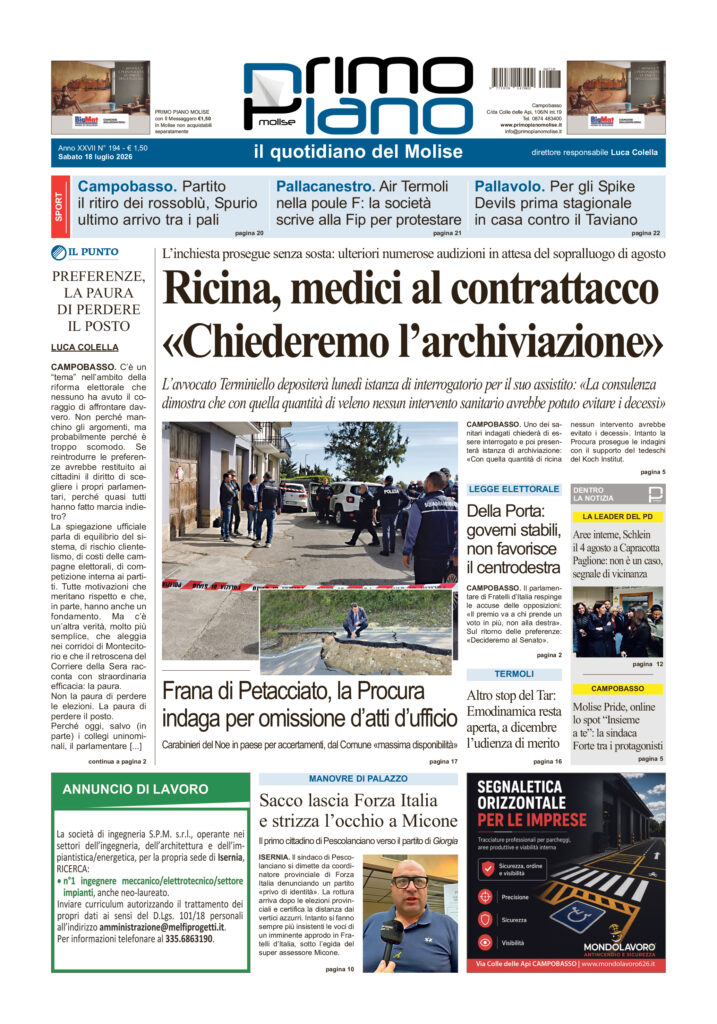 La prima pagina dell’edizione in edicola oggi
