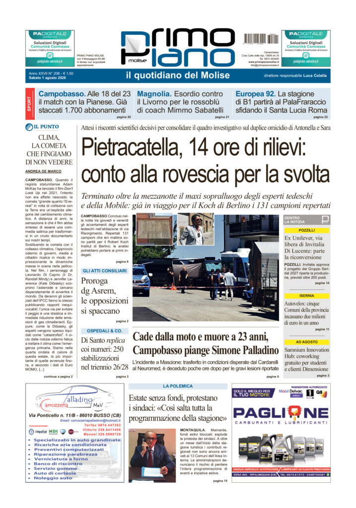La prima pagina dell’edizione in edicola oggi