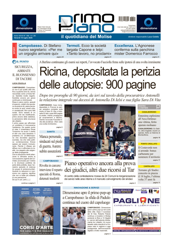 La prima pagina dell’edizione in edicola oggi