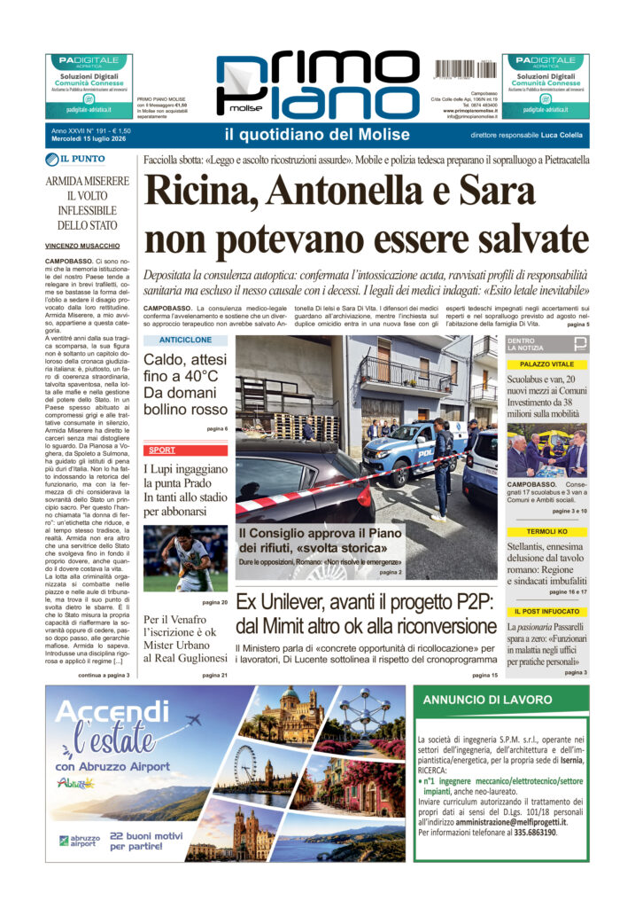La prima pagina dell’edizione in edicola oggi