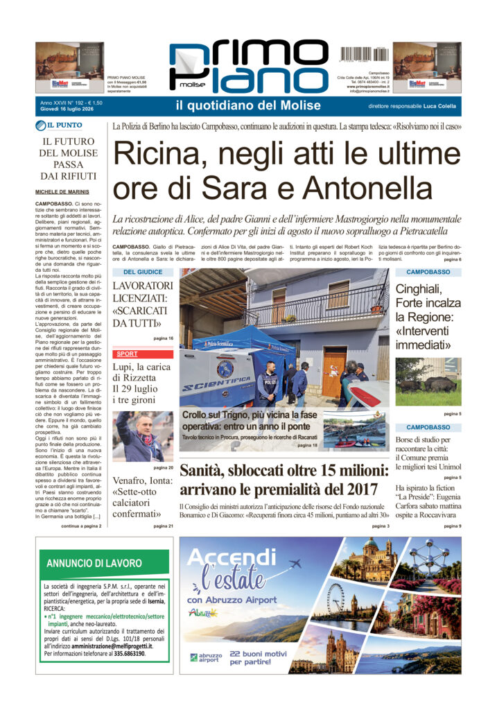 La prima pagina dell’edizione in edicola oggi