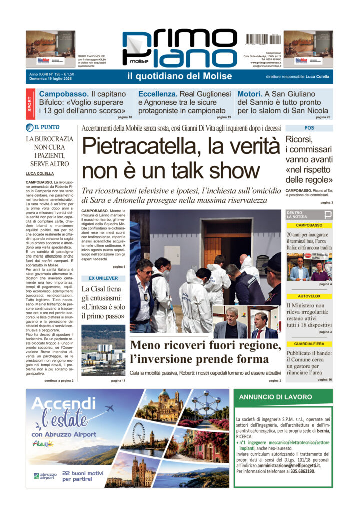 La prima pagina dell’edizione in edicola oggi