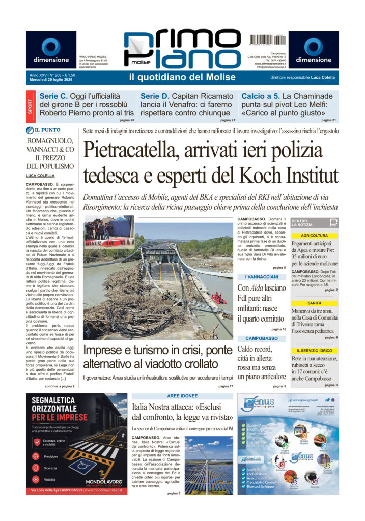 La prima pagina dell’edizione in edicola oggi