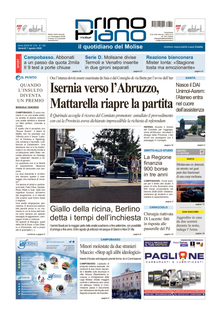 La prima pagina dell’edizione in edicola oggi