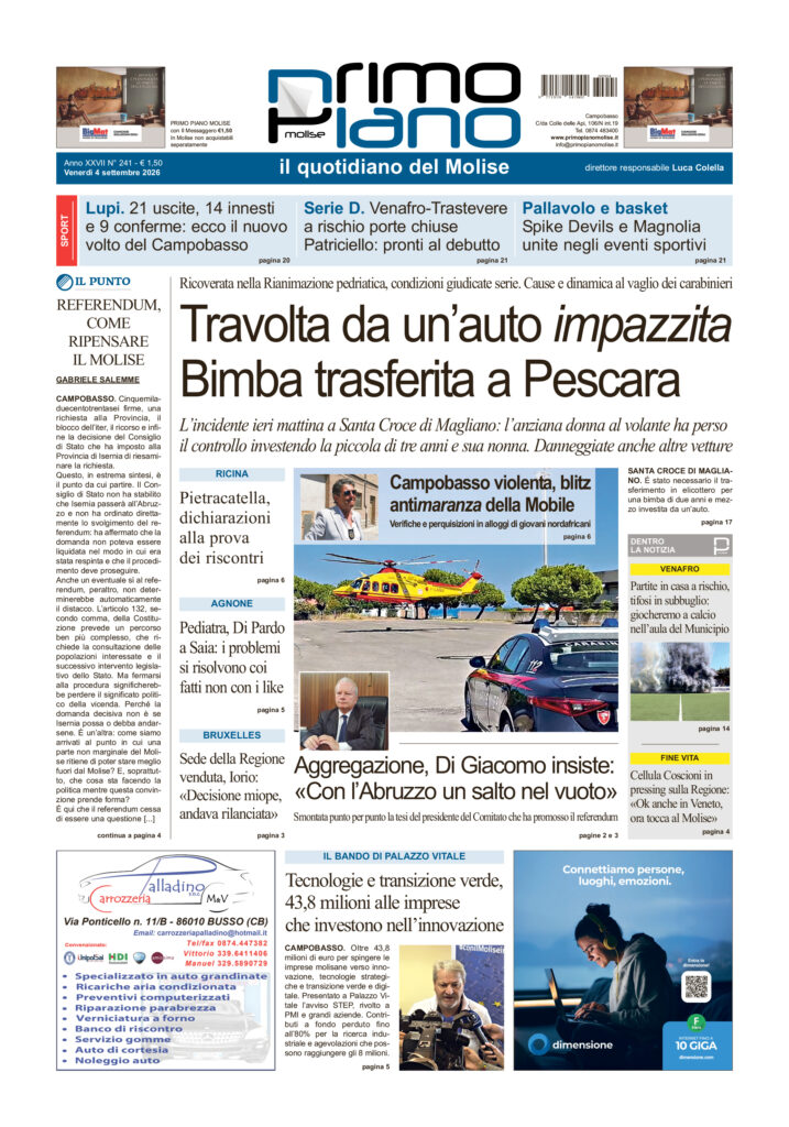La prima pagina dell’edizione in edicola oggi