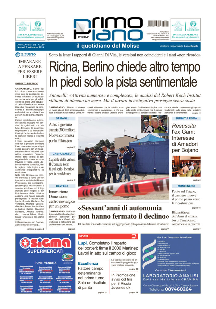 L’edizione completa di Primo Piano Molise dell’8 settembre