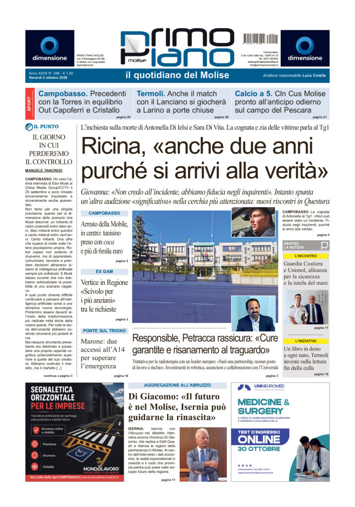 La prima pagina dell’edizione in edicola oggi