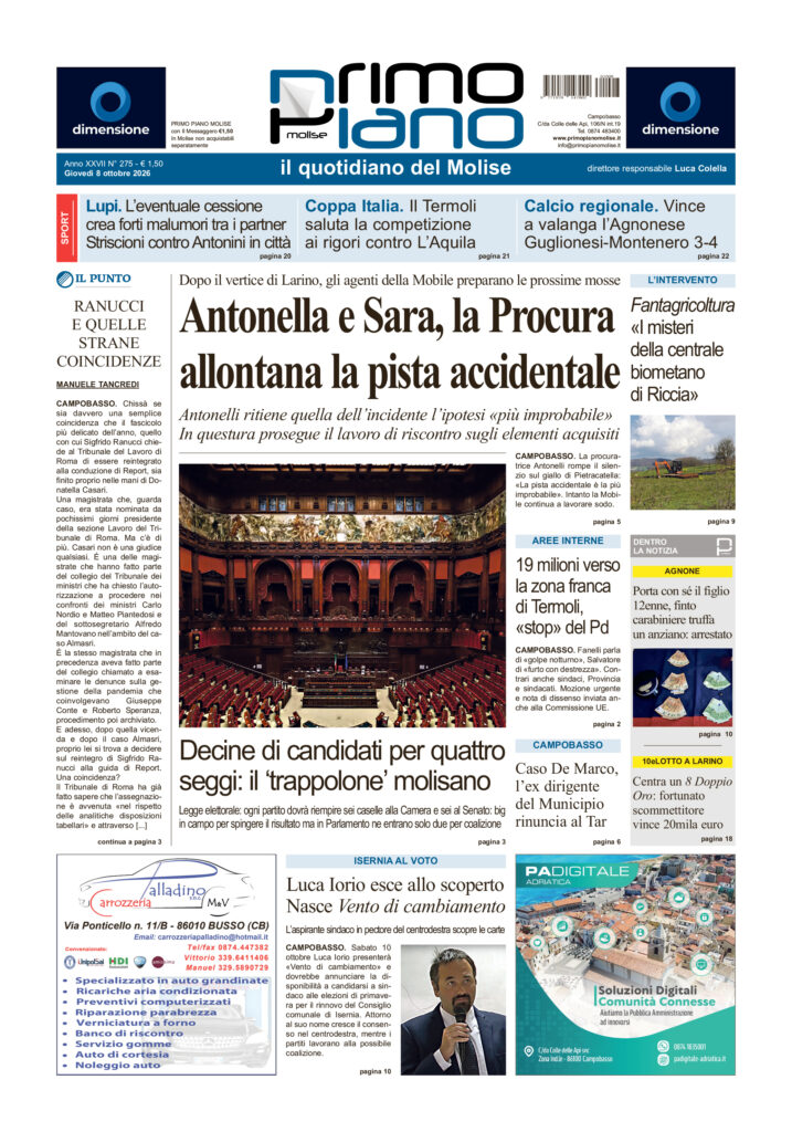 La prima pagina dell’edizione in edicola oggi