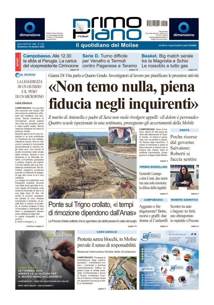 La prima pagina dell’edizione in edicola oggi