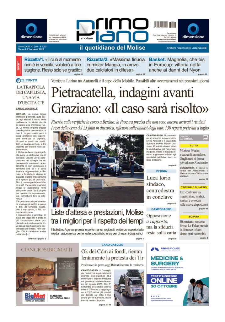 La prima pagina dell’edizione in edicola oggi